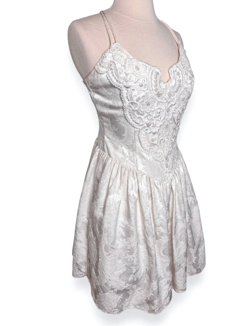 Vintage Jessica McClintock Gunne Sax White Embellished Jacquard Dress Size 9/10 - Picture 4 of 8